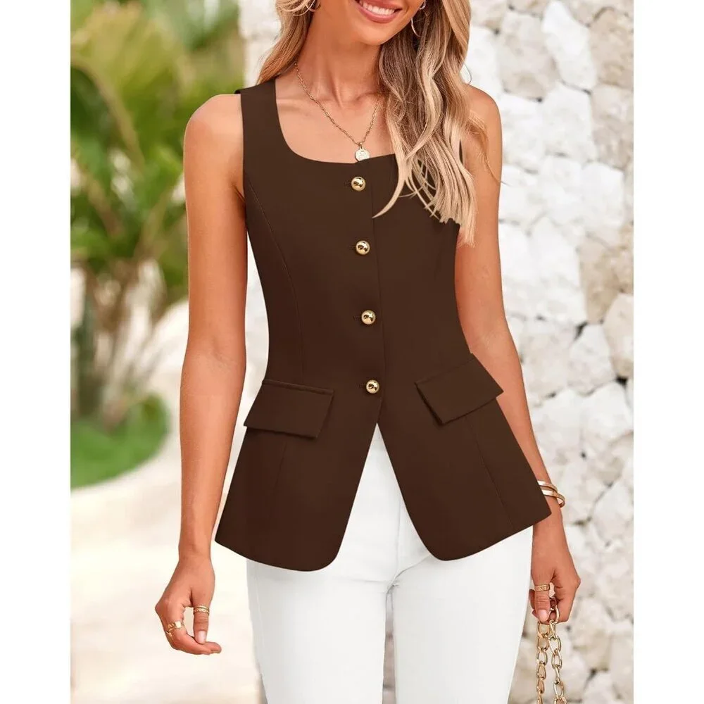 Women's Coffee Sleeveless Suit Vests Dressy Casual Square Neck Business Work